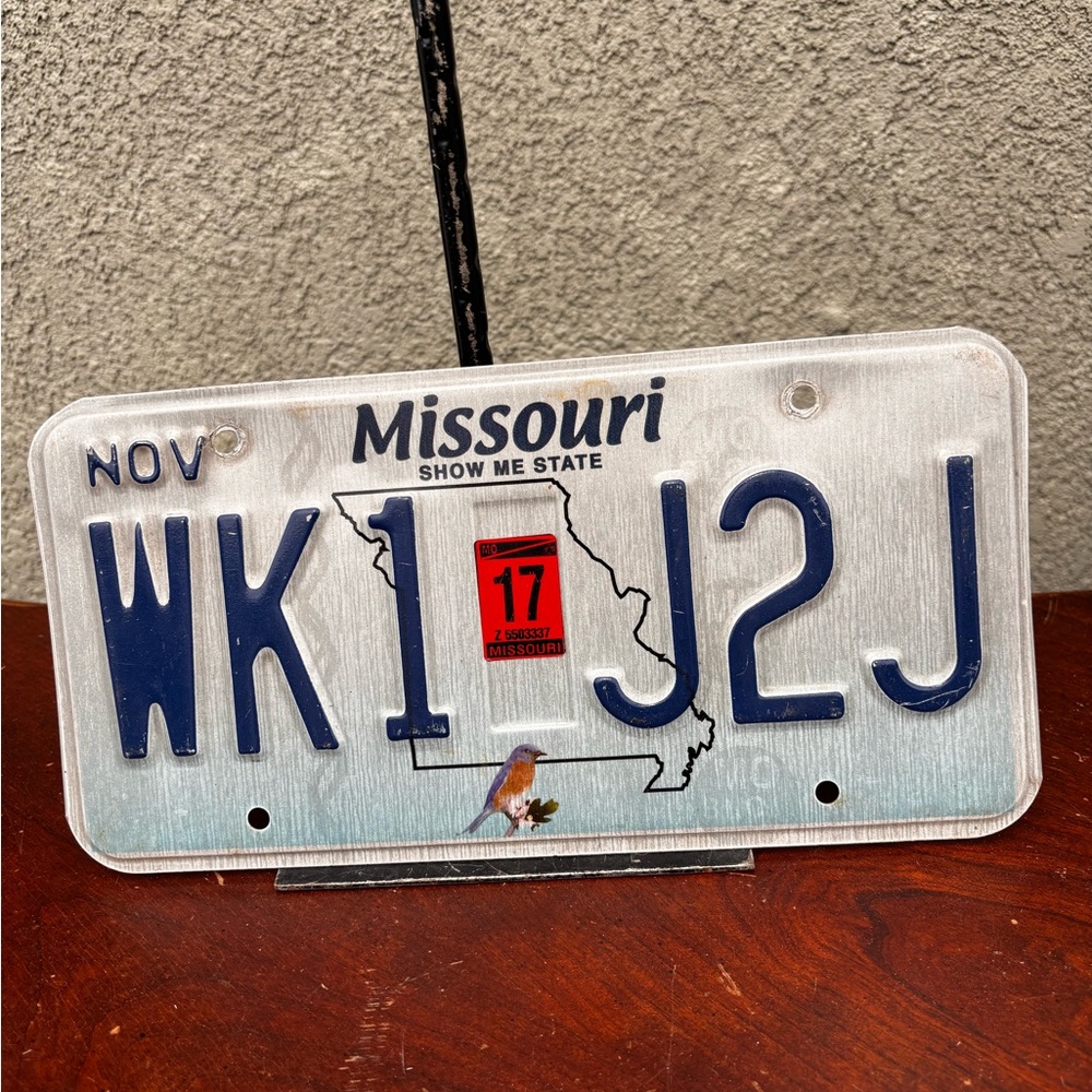 Missouri License Plate Wall Art with Blue Embossed Letters WK1 J2J